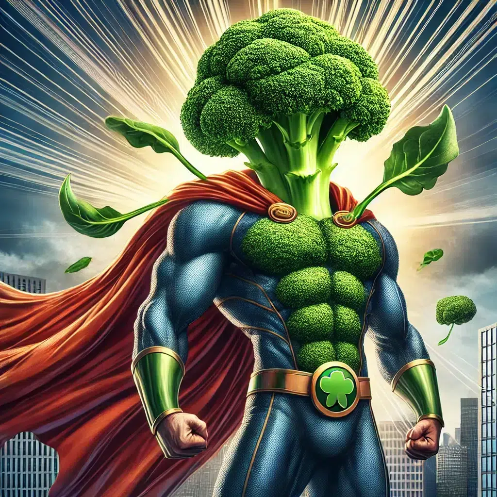 DALL·E 2024-12-26 11.30.50 - A semi-realistic illustration of broccoli as a superhero. The broccoli has a strong, muscular humanoid body with a realistic green broccoli crown as i